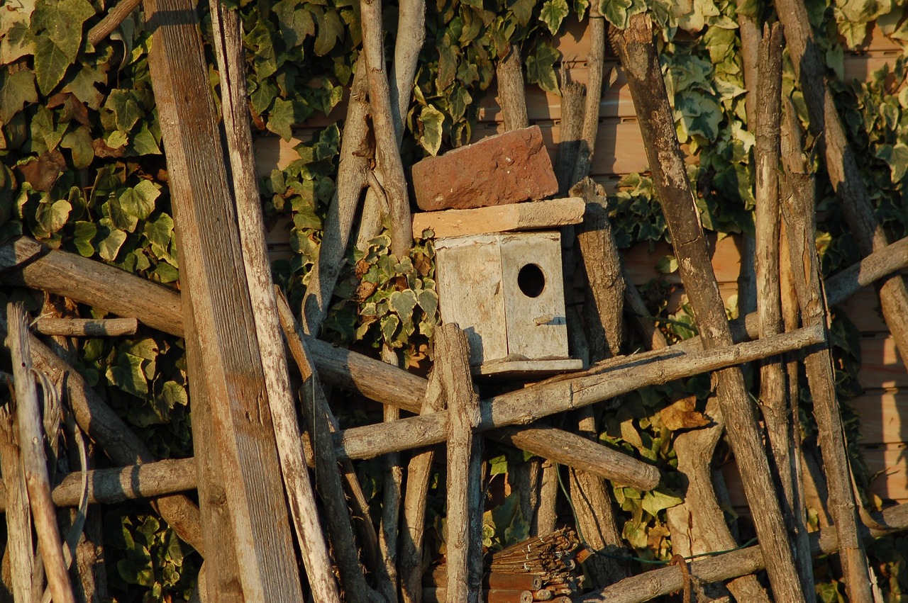 Rifugio per uccelli realizzato con materiali riciclati in un giardino verde e fiorito.